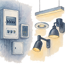 Quadri elettrici e corpi illuminanti in stile acquerello, simbolo di impiantistica tecnica e illuminotecnica