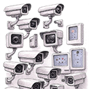 Varie telecamere e componenti di sicurezza, rappresentazione di un sistema di videosorveglianza completo